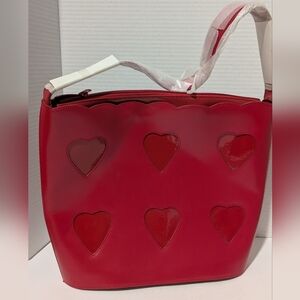 Lillian Vernon Red Leather Heart-Patterned Women's Tote/Bucket/Handbag Purse